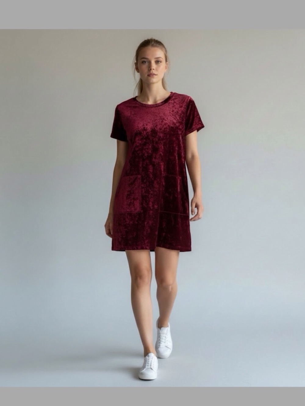 Bobeau Red Burgundy Velvet Shift Dress Boho Festival Boxy Short-Sleeves